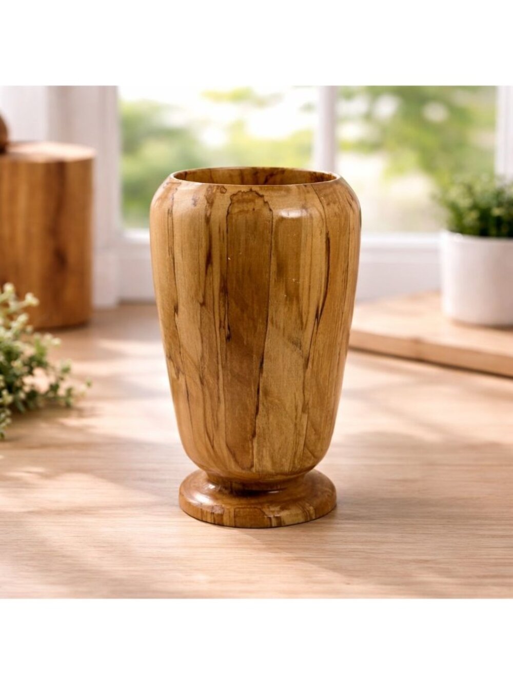 Handturned Wooden Spalted Maple Vase With Glossy Finish - 8.5" Tall Decorative A